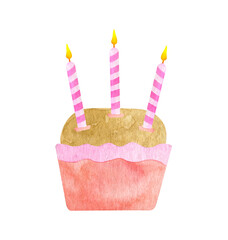 Watercolor Birthday cake with three candles. Hand drawn cute biscuit cupcake in pink paper liner. Dessert ilustration isolated on white background. Baby girl 3rd Birthday celebration cake for cards.