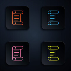 Poster - Color neon line Decree, paper, parchment, scroll icon icon isolated on black background. Set icons in square buttons. Vector.