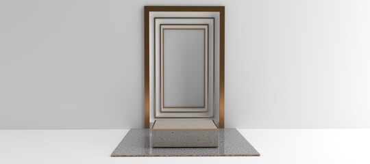 Wall Mural - 3d rendering of square stone pedestal, golden border and white floor, and white walls with square fr