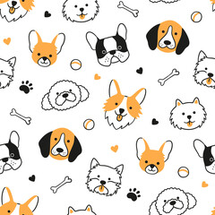 Seamless pattern with heads of different breeds dogs. Corgi, Beagle, Chihuahua, Terrier, Pomeranian. Texture with dog faces. Hand drawn vector illustration in doodle style on white background