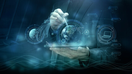Business background with virtual infographic elements and Earth hologram.
