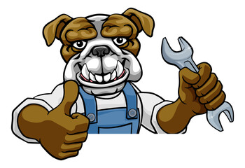 Canvas Print - A bulldog cartoon animal mascot plumber, mechanic or handyman builder construction maintenance contractor peeking around a sign holding a spanner or wrench and giving a thumbs up