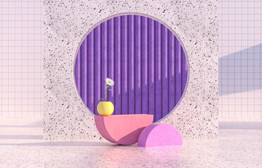 Aufkleber - Beauty fashion podium backdrop with geometric shape and Spring flower. Terrazzo texture. 3d rendering scene.