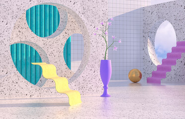 Aufkleber - Beauty fashion podium backdrop with geometric shape and Spring flower. Terrazzo texture. 3d rendering scene.