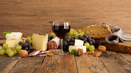 Wall Mural - glass of wine,  cheese,  grapes and salami