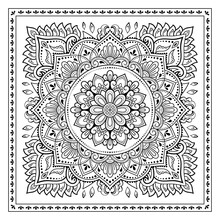 Circular Pattern In Form Of Mandala With Flower For Henna, Mehndi, Tattoo, Decoration. Decorative Ornament In Ethnic Oriental Style. Outline Doodle Hand Draw Vector Illustration.