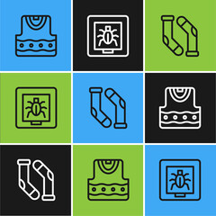 Sticker - Set line Waistcoat, Socks and Insects in frame icon. Vector.