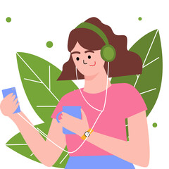 A girl listens to music on her phone with headphones and drinks tea or coffee, an abstract background of leaves