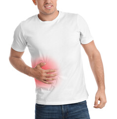 Poster - Man suffering from liver pain on white background, closeup