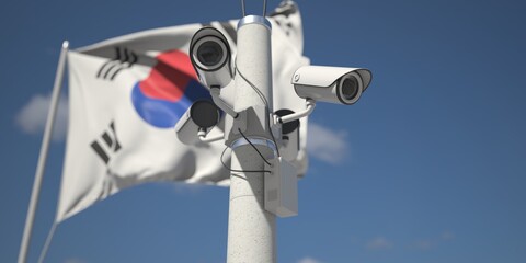 Outdoor security cameras near flag of South Korea. 3d rendering