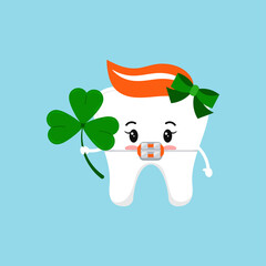 Wall Mural - St Patrick day tooth dental braces icon isolated. Orthodontic dentistry teeth character with irish lucky charm - shamrock clover. Flat design cartoon vector dentistry kids illustration.