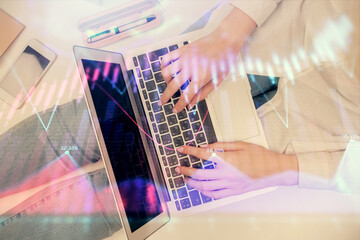 Fototapete - Double exposure of woman hands working on computer and forex graph hologram drawing. Top View. Financial analysis concept.