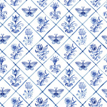 Blue Seamless Background - Old Fashion Hand-drawn Rustic Motifs In Dutch Style. Stylized Flowers And Butterflies On A Background In Cells. Pattern For Wallpaper, Fabric, Packaging