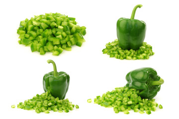 Wall Mural - fresh green bell pepper (capsicum) with front side opened and already cut pieces of paprika coming out on a white background