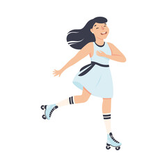 Poster - Cheerful Woman Character Dancing on Roller Skates Vector Illustration.