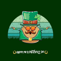 Happy saint patricks day greeting card with funky leprechaun potato character with green particks hat isolated on green background with vintage sun. Rock n roll saint Patrick vegetable character