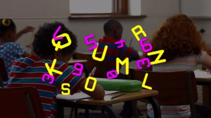 Wall Mural - Animation of colourful numbers and letters over a group of kids sitting in classroom writing