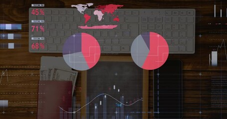 Canvas Print - Animation of financial data processing with statistics over desk computer keyboard and smartphone