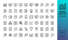 Data Analytics And Statistics Isolated Icon Set. Set Of Research Marketing, Personal Information, Business Presentation, Database Network, Pie Chart, Bar Graph, Mind Map, Data Analysis Vector Icons