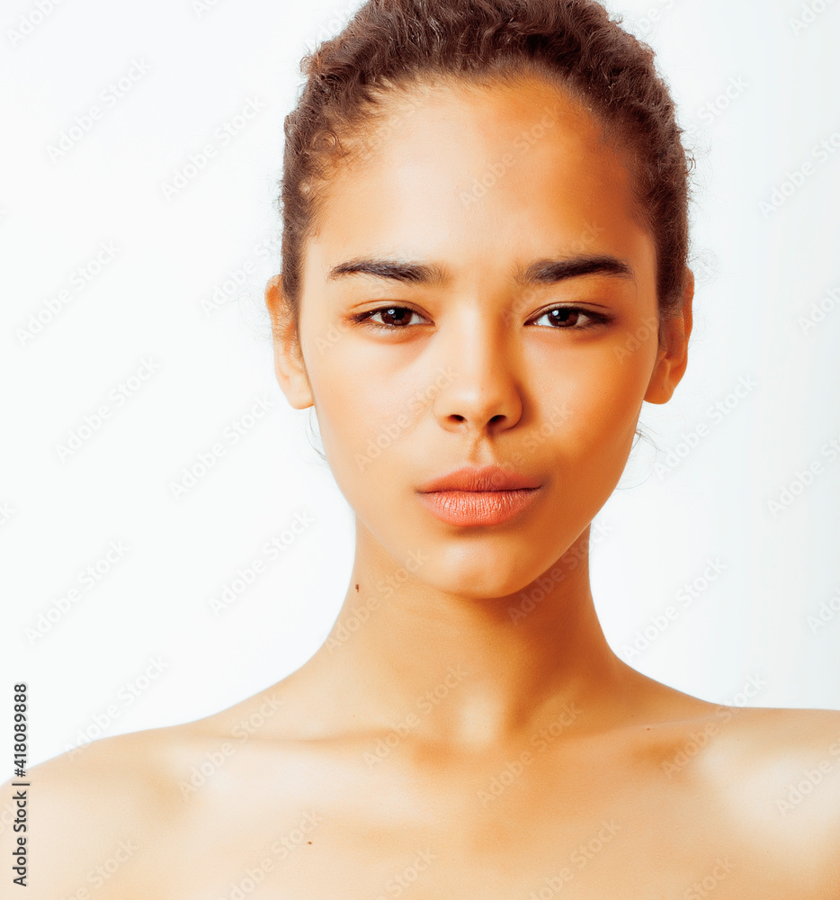young pretty african american woman close up isolated on white background, asian tanned nude