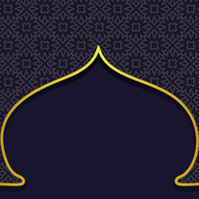 Dark Blue Ramadan Geometric Motif In Arabesque Door Shape Background With Golden Color Frame
