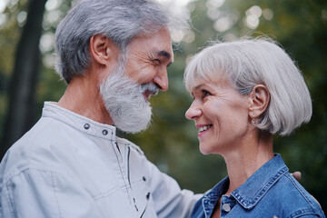 Wall Mural - Outdoors portrait of happy elderly couple embracing in summer park.