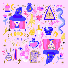 Set of trendy magic doodles in cute and playful colors. Witchcraft, moon spells, love potions, amulets and other cute details will be perfect for your project.