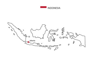 Wall Mural - Hand draw thin black line vector of Indonesia Map with capital city Jakarta on white background.