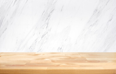 Empty wood table top with white marble  wall