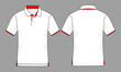White-Red Short Sleeve Polo Shirt With Front Short, Back Long Hem Design On Gray Background, Vector File.