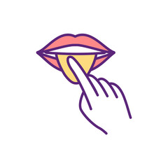 Sticker - Mouth examination RGB color icon. Regular dental check-ups. Oral health problems prevention. Mouth cancer, dehydration risk. Oral area, lips, tongue screening. Isolated vector illustration