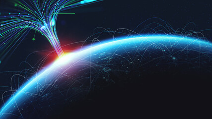Fototapete - Earth view from space. Global network. Blockchain technology. Planet and communication. Future world 3D illustration. Elements of this image are furnished by NASA