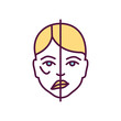 Facial paralysis RGB color icon. Moving face muscles inability. Nerve damage. Trauma, heart stroke, brain tumor. Asymmetric face. Facial drooping, weakening. Bell palsy. Isolated vector illustration