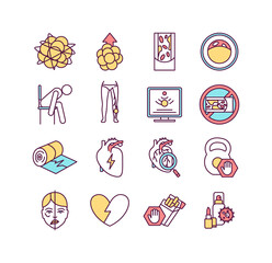 Sticker - Cardiovascular diseases RGB color icons set. Myocardial infarction. High cholesterol. Thrombosis. Arteries hardening. Energy loss. Tobacco cessation. Electrocardiography. Isolated vector illustrations