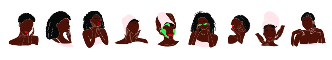 Spa center service flat vector illustrations set. Colorful Portraits of african visitors of beauty salons. Icons.Facial masks.