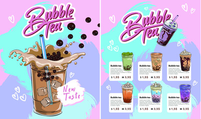 menu design and flyers Thai pearl bubble tea menu for your cafe with bubble tea drinks design for vietnamese tea business print set