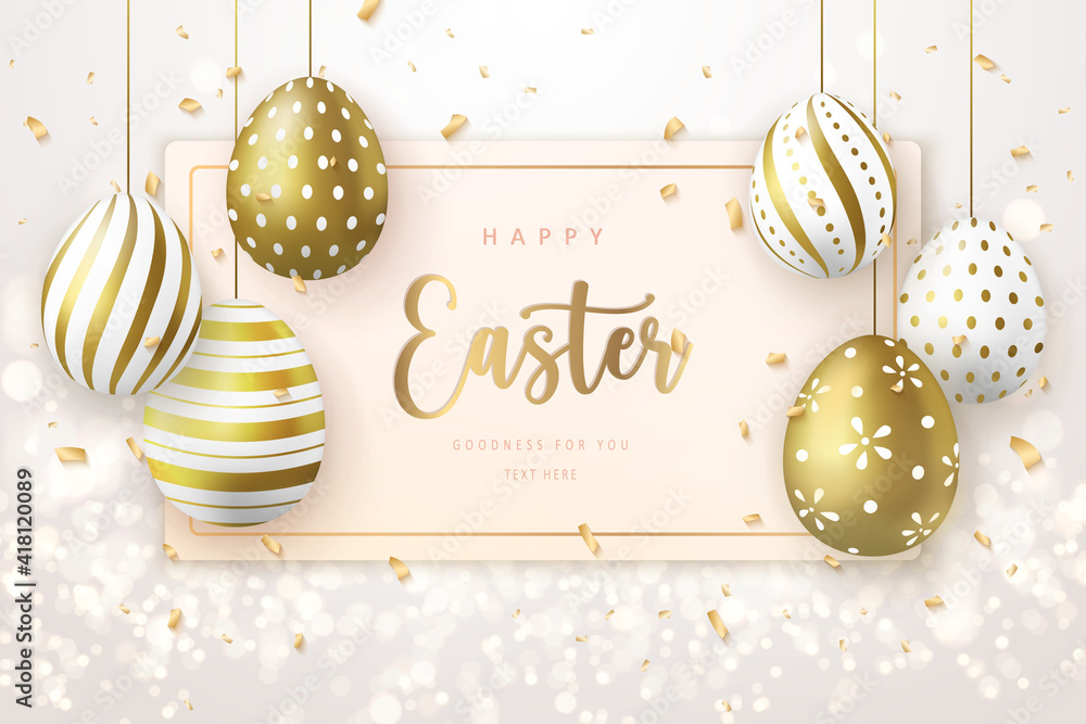 Happy Easter banner template with golden luxury Easter eggs tag card - obrazy, fototapety, plakaty 