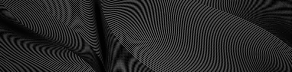 Black abstract background design. Modern wavy line pattern (guilloche curves) in monochrome colors. Premium stripe texture for banner, business background. Dark horizontal vector template