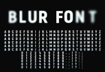 Blur font effect. Different depth of field. Alphabet, numbers and punctuation marks. Vector illustration.