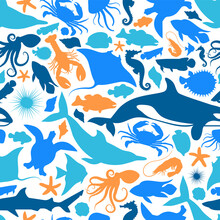 Blue Marine Fish Animal Icon Seamless Pattern