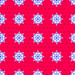 Blue Spider web icon isolated seamless pattern on red background. Cobweb sign. Happy Halloween party. Vector.