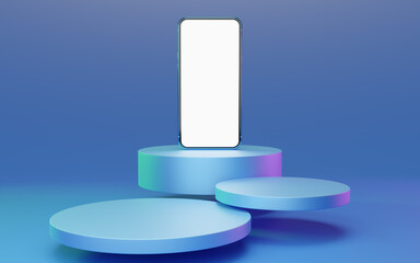 Wall Mural - Blue mobile phone on cylinder podium floating with red and green rim light on bright background. Minimal studio 3d. Pedestal mock up space for modern. smartphone with blank white screen. 3d rendering.