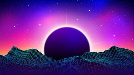 80s synthwave styled landscape with blue grid mountains peak and black sun with aurora in the sky. Futuristic landscape for party poster