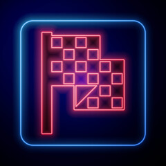 Glowing neon Checkered flag icon isolated on black background. Racing flag. Vector.