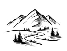 Landscape With Large Mountains. Nature Sketch With Road And Fir Trees. Hand Drawn