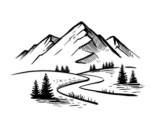 Landscape with large mountains. Nature sketch with road and fir trees. Hand drawn