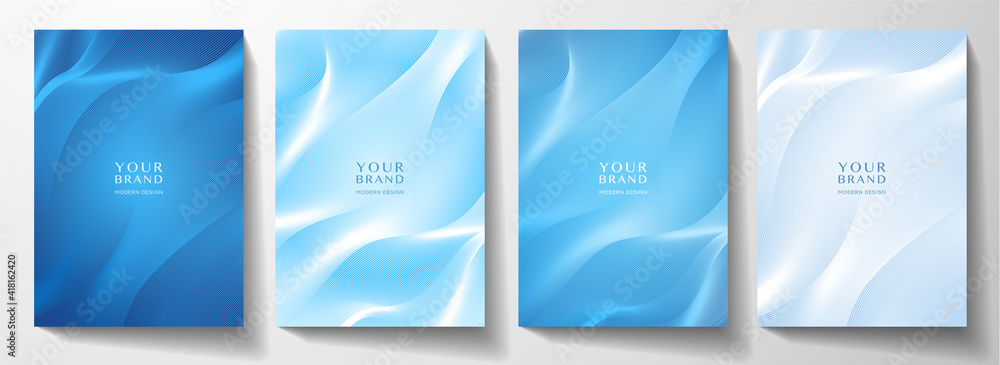 Modern cover design set. Blue abstract line pattern (guilloche curves). Creative stripe vector collection layout for business background, certificate, brochure template - obrazy, fototapety, plakaty 