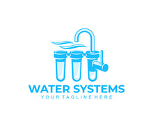 Water Filter, Drinking Water Systems And Water Treatment, Logo Design. Filtering, Filtration Or Purification, Plumbing, Water Tap, Filtered Or Purified Liquid, Vector Design And Illustration