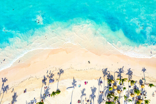 Wall Mural -  - Beach vacation and travel background. Aerial drone view of beautiful atlantic tropical beach with straw umbrellas and palms. Bavaro beach, Punta Cana, Dominican Republic.