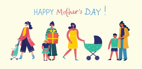 Wall Mural - Colorful vector illustration concepts of Happy Mother's day . Mothers with the children for greeting cards, posters and backgrounds